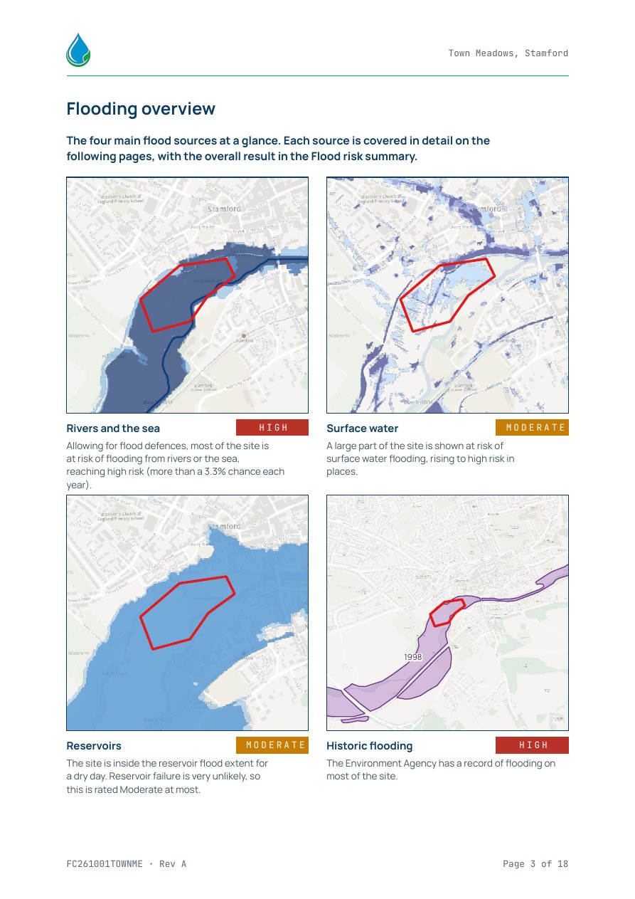 Flooding overview page from the Town Meadows sample report